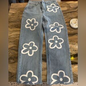 Amazon flower print straight leg jeans
